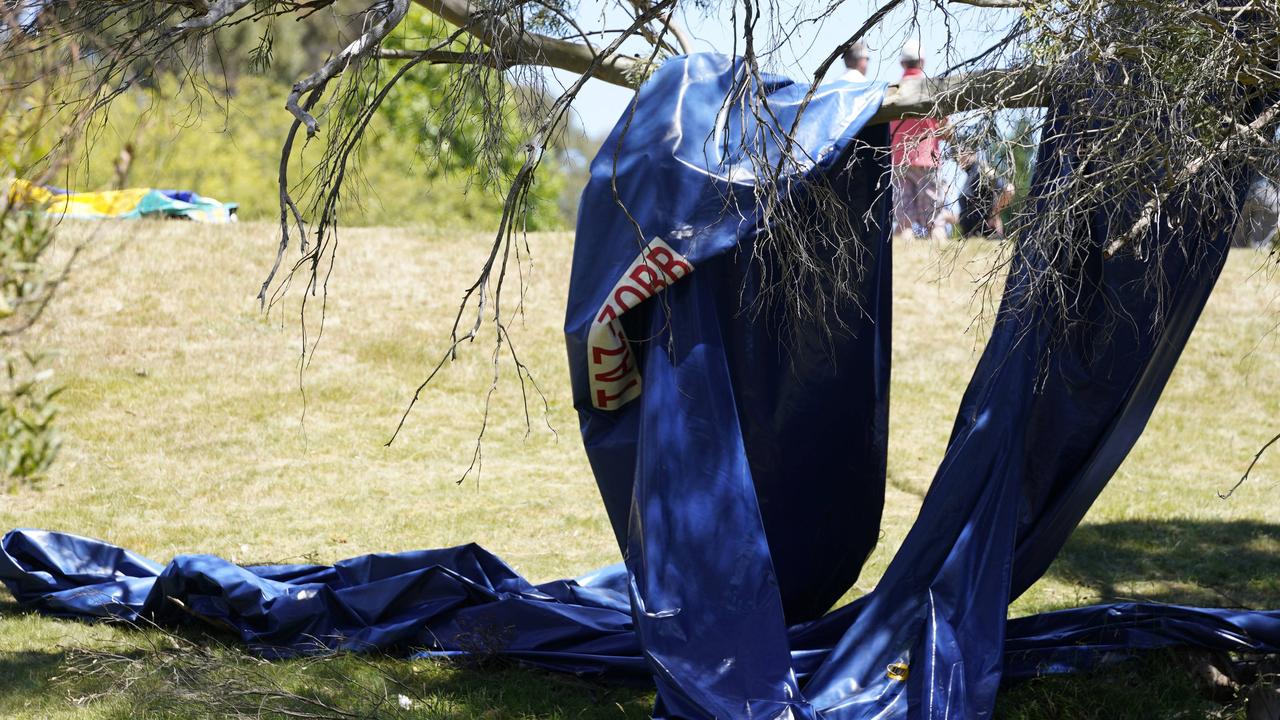 The scene at Hillcrest Primary School in Devonport where a jumping castle and zorb balls were lifted into the air by strong winds. Picture: Rob Burnett