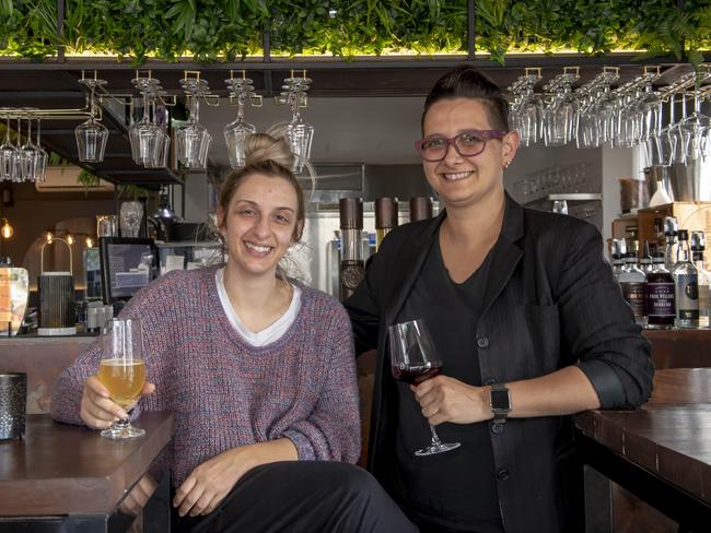 Sisters Monique and Tanya Hanouch at their Wolfe &amp; Molone restaurant in Bentleigh. Picture: Andy Brownbill