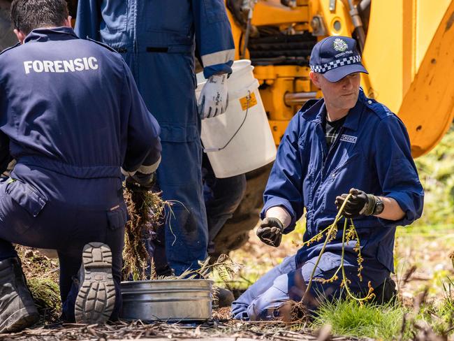 Police and forensics at the scene in the Wonnangatta Valley. Picture: Jason Edwards