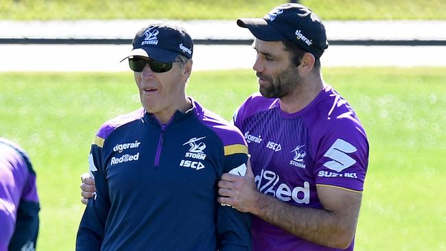 Storm coach Craig Bellamy and Cameron Smith at training on the Sunshine Coast. Picture: Getty Images