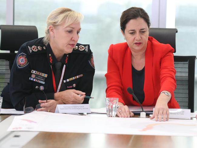 Katarina Carroll with  Premier Annastacia Palaszczuk in preparation for Tropical Cyclone Nora. Picture: Annette Dew