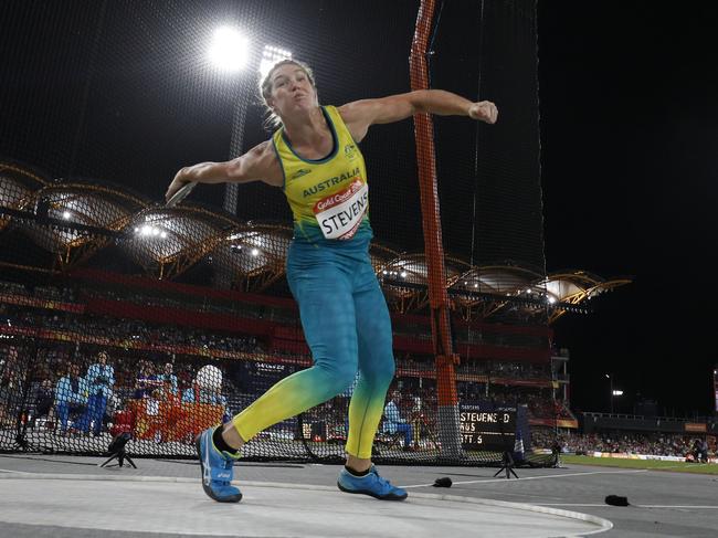 Australia's Dani Stevens competes in the athletics women's discus throw final during the 2018 Gold Coast Commonwealth Games. Picture: AFP