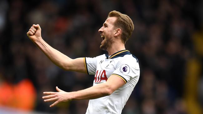 Harry Kane of Tottenham Hotspur celebrates as he scores.