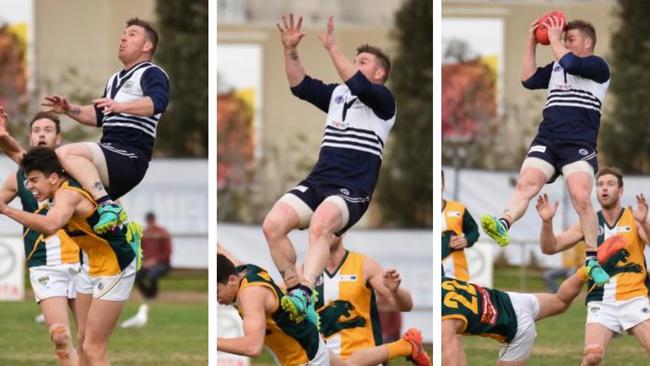 Gary Moorcroft takes a hanger over Northcote Park's Marty Hore. Picture: Nathan McNeill