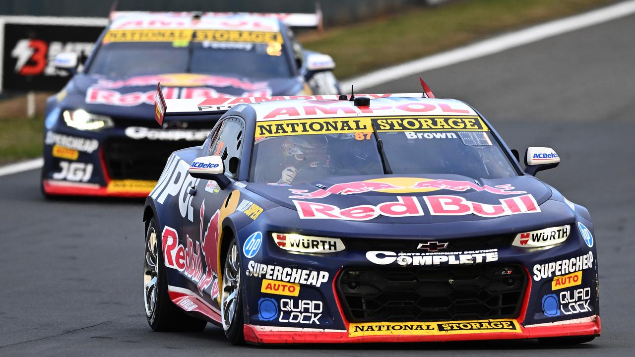 Will Brown driver of the #87 Red Bull Racing Chevrolet Camaro ZL1 leads team mate Broc Feeney during the ITM Taupo Super400, part of the 2024 Supercars Championship Series at Hidden Valley Raceway, on April 21, 2024 in Taupo, New Zealand. (Photo by Kerry Marshall/Getty Images)