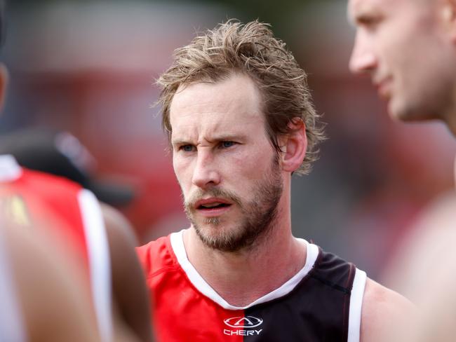 MELBOURNE, AUSTRALIA - MARCH 03: Jimmy Webster of the Saints looks on at the quarter time break during the 2024 AFL AAMI Community Series match between the St Kilda Saints and North Melbourne Kangaroos at RSEA Park on March 03, 2024 in Melbourne, Australia. (Photo by Dylan Burns/AFL Photos via Getty Images)