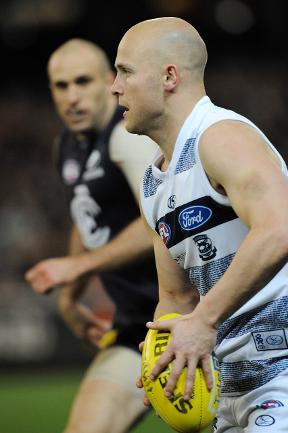 <p>Carlton v Geelong. MCG. Chris Judd follows Gary Ablett Jr. Picture: George Salpigtidis</p>