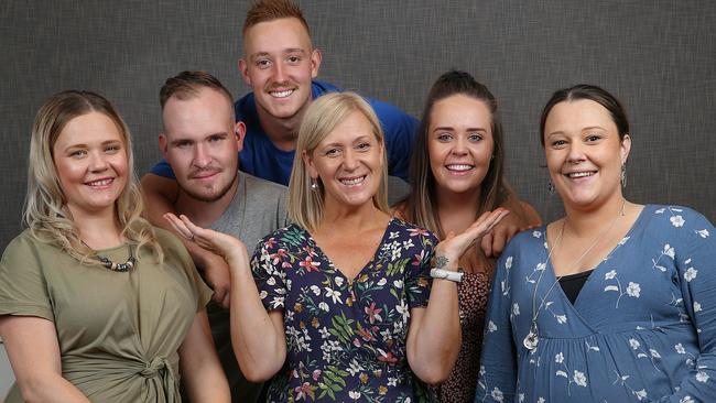 Kari Duggan with her children Linda, 35, William, 22, Lachlan, 20, Beth, 24, and Sarah, 33. Picture: Ian Currie