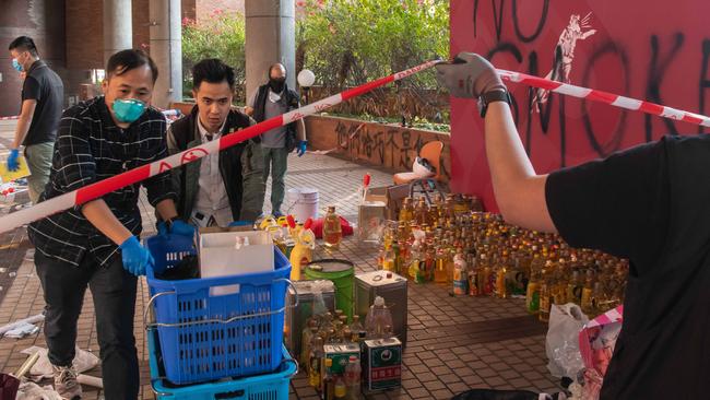 Molotov cocktails were among the deadly arsenal discovered at the Hong Kong Polytechnic University campus. Picture: Getty