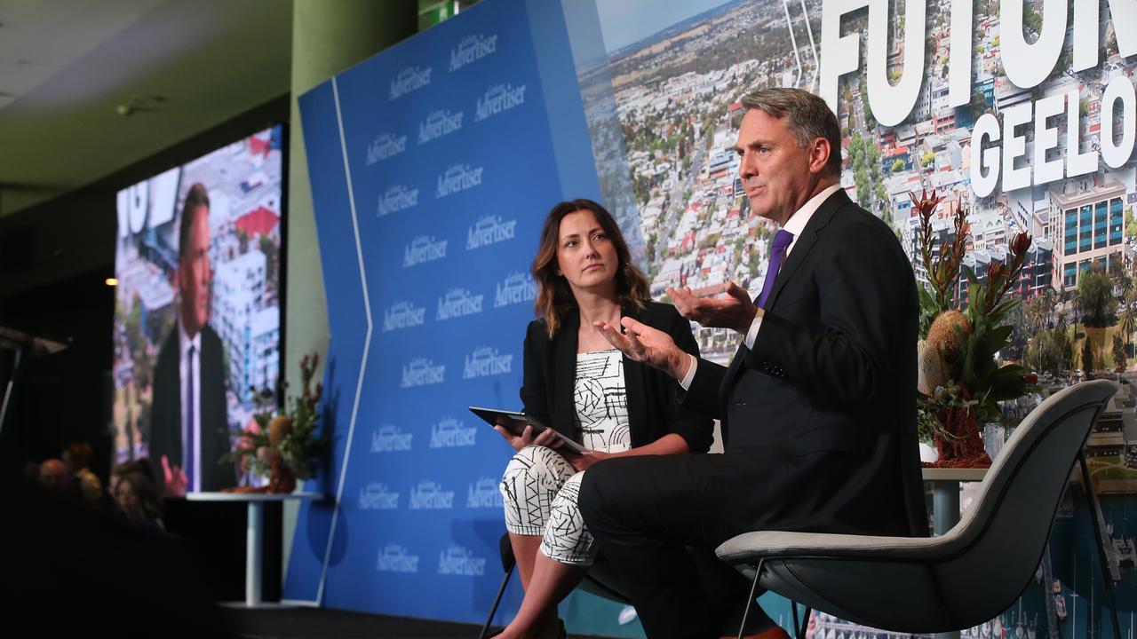 Deputy Prime Minister Richard Marles speak with Geelong Advertiser editor Nadja Fleet. Picture: Alan Barber.