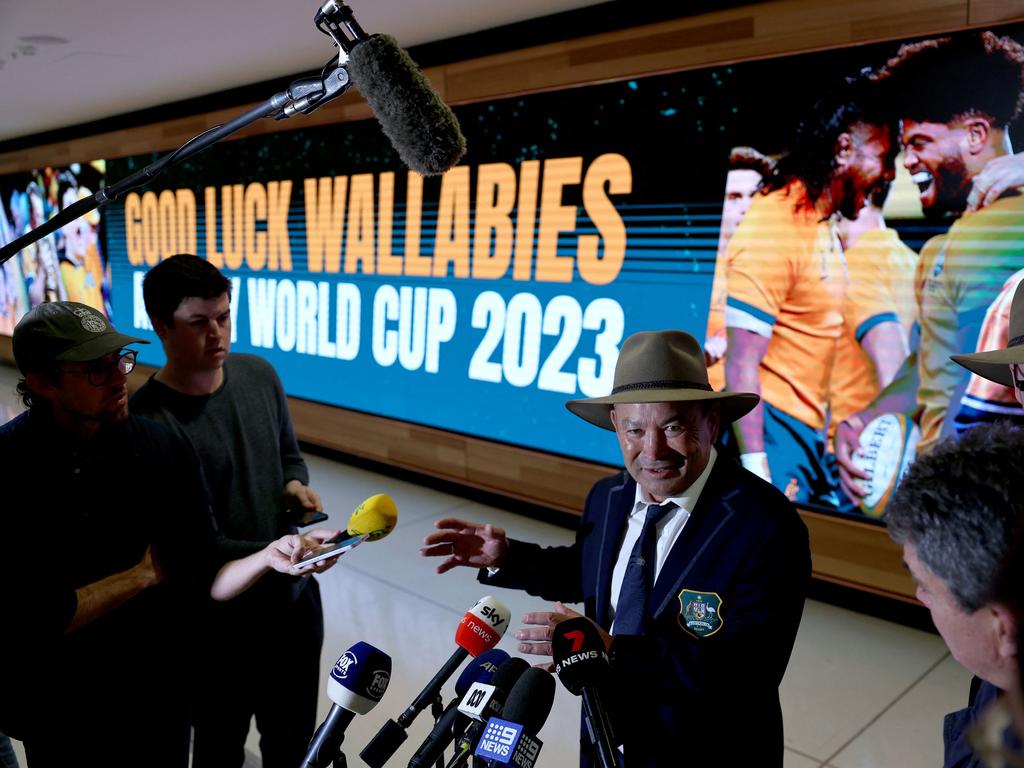 Wallabies coach Eddie Jones has come under fire for a bizarre departing media call ahead of the 2023 Rugby World Cup in France. Picture: Getty Images.