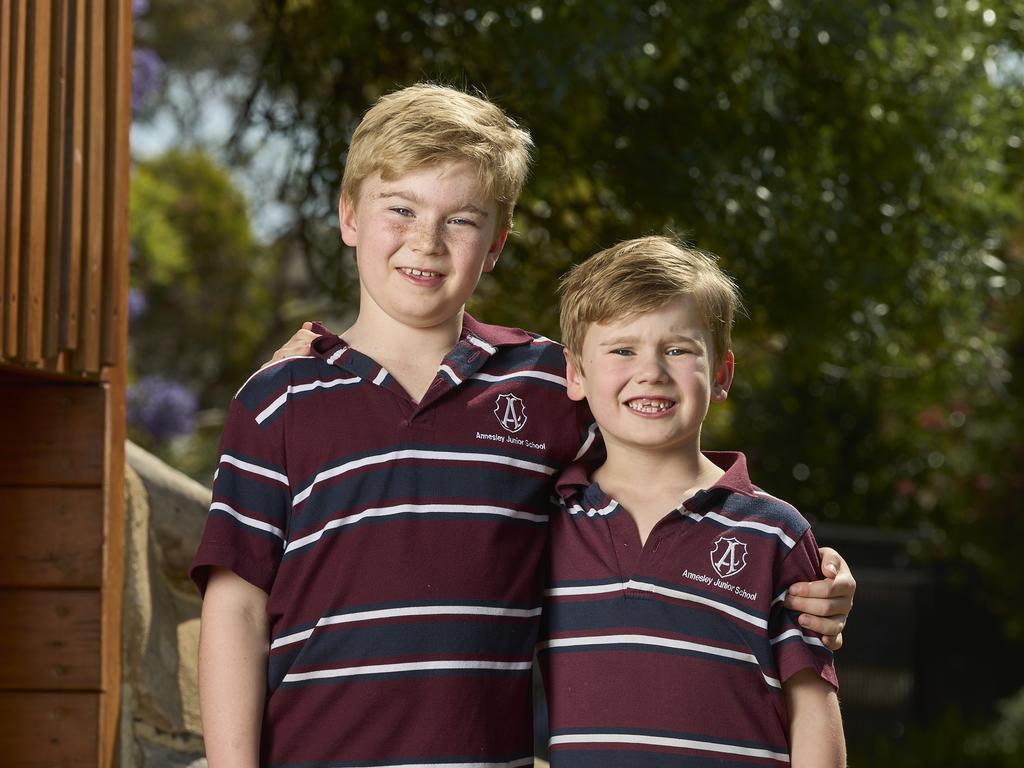 Henry Bannister, 9, with his brother, Eddie Bannister, 7, at Annesley College in Wayville, one of the fastest growing schools in SA. Picture: Matt Loxton