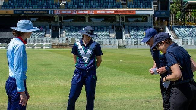 Captains Claire Moore (NSW Metro) and Rhys McKenna (Victoria Country) toss before the final, Cricket Australia Under-19 National Female Cricket Championships in Perth, 12 December, 2022. Picture: Cricket Australia