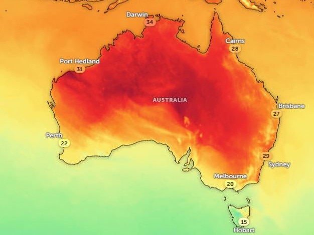 Aussies are set to sweat through heatwave conditions on Sunday. Picture: Zoom Earth