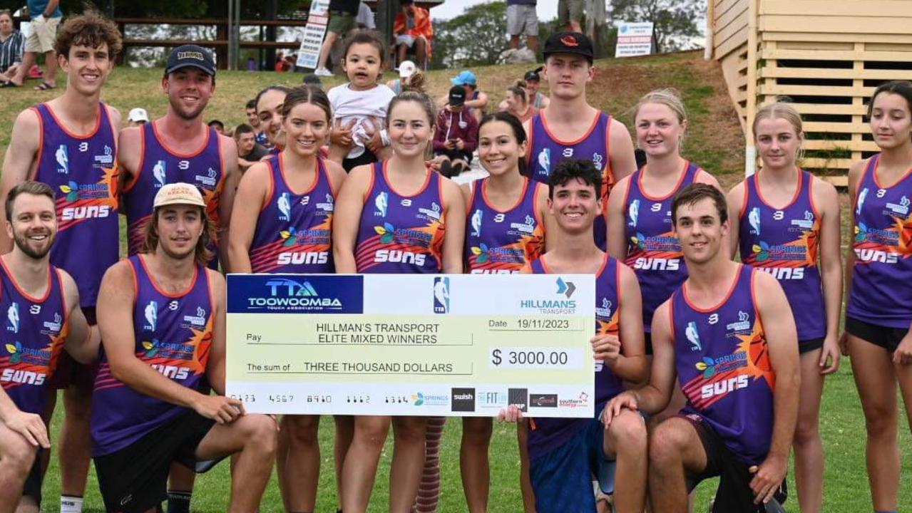 Suns players celebrate taking out the inaugural Toowoomba Elite Touch competition.