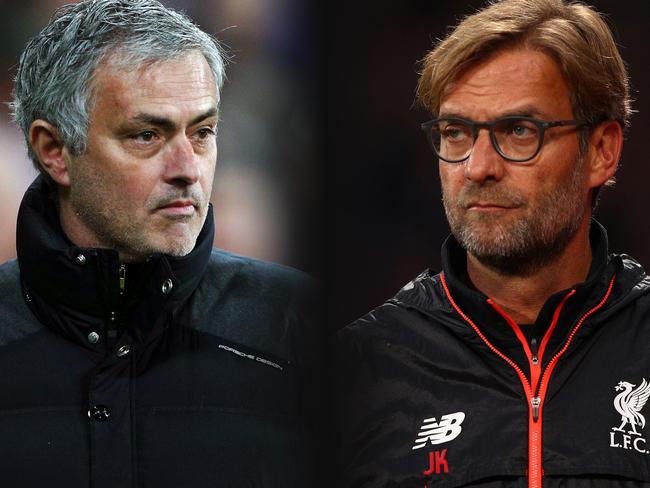 FILE PHOTO (EDITORS NOTE: GRADIENT ADDED - COMPOSITE OF TWO IMAGES - Image numbers (L) 630799888 and 619016290) In this composite image a comparision has been made between Jose Mourinho, Manager of Manchester United and Jurgen Klopp, Manager of Liverpool. Manchester United and Liverpool meet in a Premier League match on January 15,2017 at Old Trafford in Manchester. ***LEFT IMAGE*** STRATFORD, ENGLAND - JANUARY 02: Jose Mourinho, Manager of Manchester United looks on during the Premier League match between West Ham United and Manchester United at London Stadium on January 2, 2017 in Stratford, England. (Photo by Ian Walton/Getty Images) ***RIGHT IMAGE*** LONDON, ENGLAND - OCTOBER 29: Jurgen Klopp, Manager of Liverpool looks on during the Premier League match between Crystal Palace and Liverpool at Selhurst Park on October 29, 2016 in London, England. (Photo by Ian Walton/Getty Images)