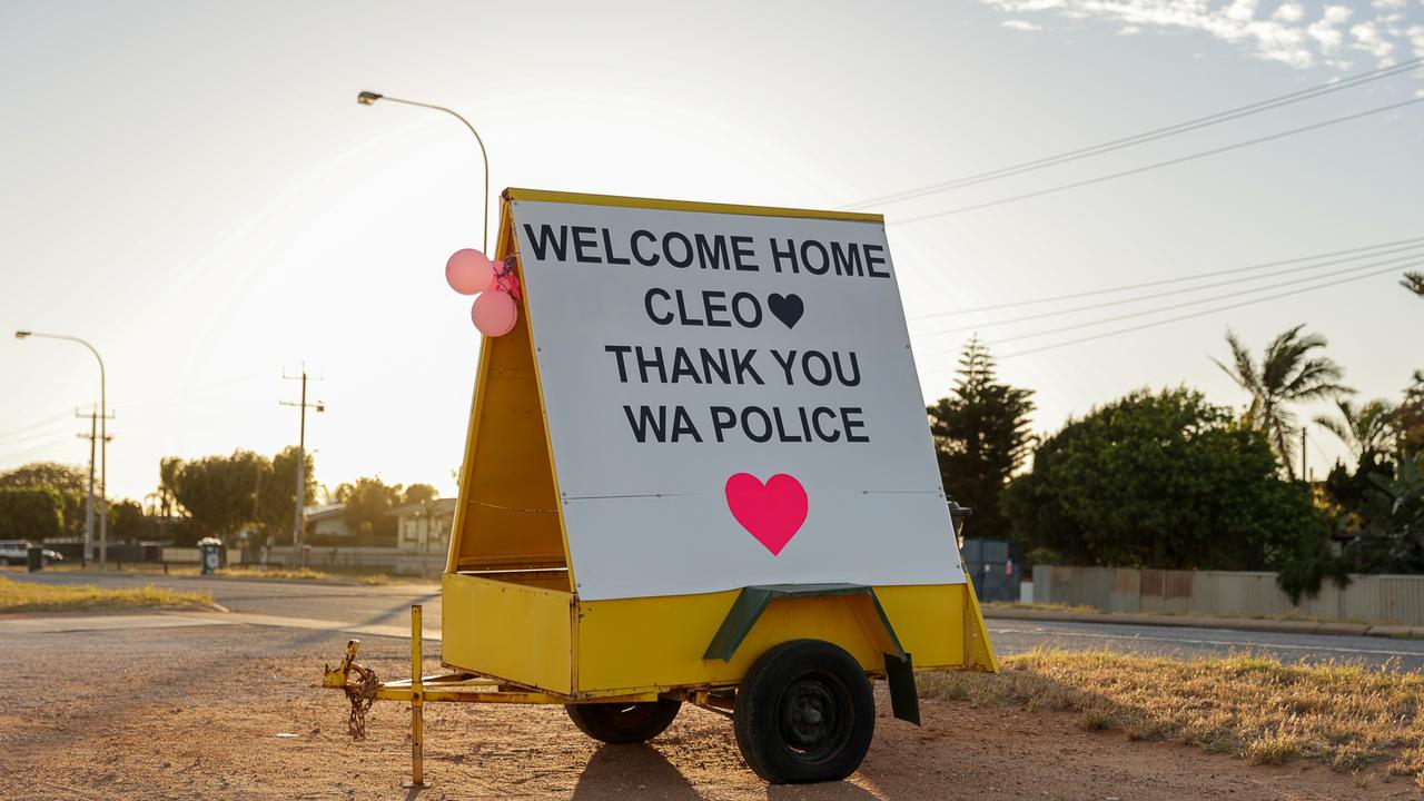 A sign thanking police for finding Cleo Smith is seen on the main road into Carnarvon. Picture: Tamati Smith/Getty Images