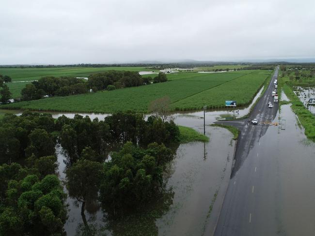 Drone images of flooding at Thompson's Creek on the Bruce Highway looking north. Photos: Robert Murolo