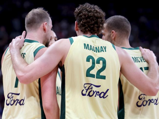 ABU DHABI, UNITED ARAB EMIRATES - JULY 15: Players of Australia huddle during the second half of an exhibition game between the United States and Australia ahead of the Paris Olympic Games at Etihad Arena on July 15, 2024 in Abu Dhabi, United Arab Emirates. (Photo by Christopher Pike/Getty Images)