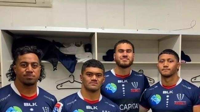 The Melbourne Rebels "Burn Boyz - (L-R) Pone Fa’amausil, Jordan Uelese, Trevor Hosea, Rob Leota