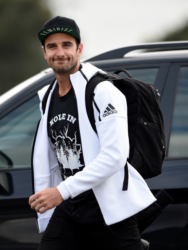 Jobe Watson arrives to announce his return to AFL. Picture: Nicole Garmston