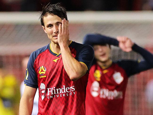 ADELAIDE, AUSTRALIA - JUNE 03: Michael Marrone of Adelaide United reacts on the final whistle during the A-League match between Adelaide United and Western Sydney Wanderers at Coopers Stadium, on June 03, 2021, in Adelaide, Australia. (Photo by Daniel Kalisz/Getty Images)