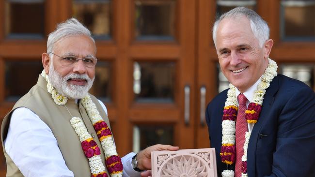Malcolm Turnbull and India's Prime Minister Narendra Modi visit Akshardham Mandir hindu temple in New Delhi. Picture: AAP