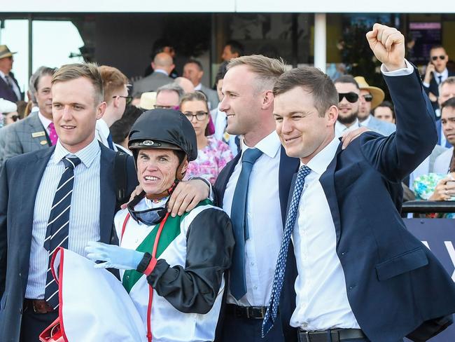 The Hayes brothers with Craig Williams after their horse Mr Brightside (NZ) won the PFD Food Services Makybe Diva Stakes at Flemington Racecourse on September 16, 2023 in Flemington, Australia. (Photo by Brett Holburt/Racing Photos via Getty Images)