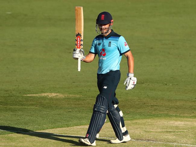 Sam Hain celebrates a ton for the England Lions against the Cricket Australia XI at Metricon Stadium on February 2. Picture: Chris Hyde/Getty Images