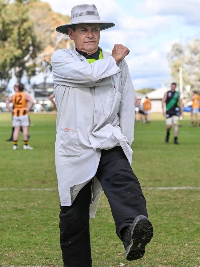 Flamboyant goal umpire Dave Crispin at the Greenacres Dragons Football Club. Picture: Brenton Edwards