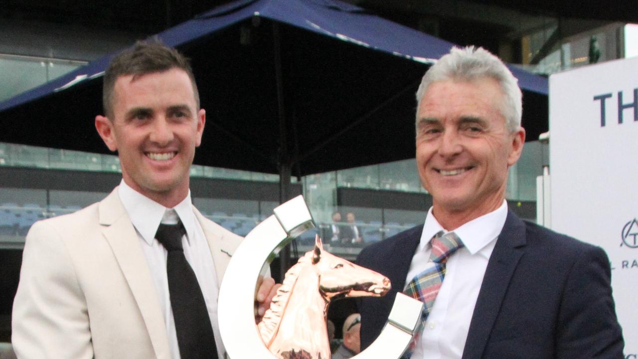 Trainers Robert (right) and Luke Price looks set for a good day on their home track. Picture: Grant Guy