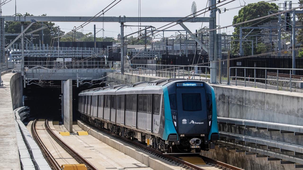 A Sydney Metro City and Southwest train leaves a tunnel during testing.