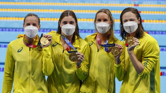 Emma McKeon, Meg Harris, Bronte Campbell and Cate Campbell won gold in the women's 4 x 100m freestyle relay at the Tokyo Olympics. Picture: Alex Coppel