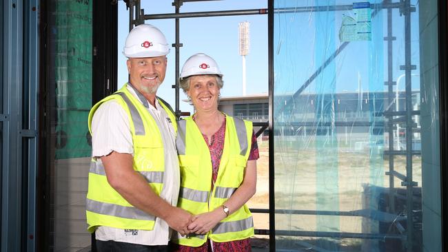 Prime view: Trish and Todd McFarlane are thrilled with the location they secured in the new Football Park development. Picture: Emma Brasier