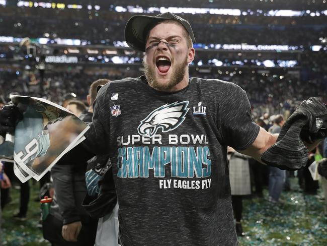Philadelphia Eagles’ Nate Gerry celebrates after the NFL Super Bowl 52 football game against the New England Patriots Sunday, Feb. 4, 2018, in Minneapolis. The Eagles won 41-33. Picture: AP