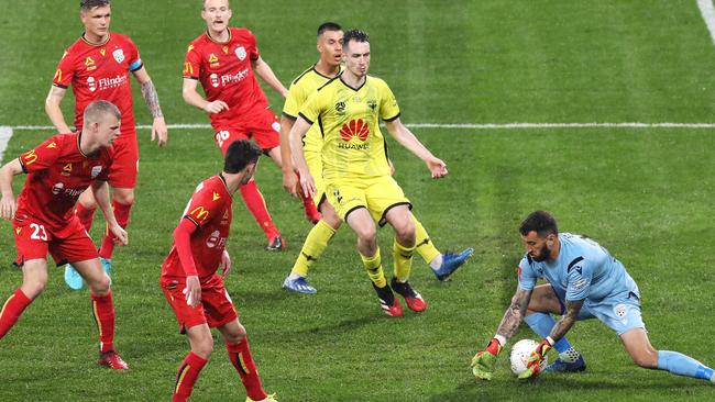 Paul Izzo makes another save against Wellington — one of 11 since the competition has returned. Picture: Getty