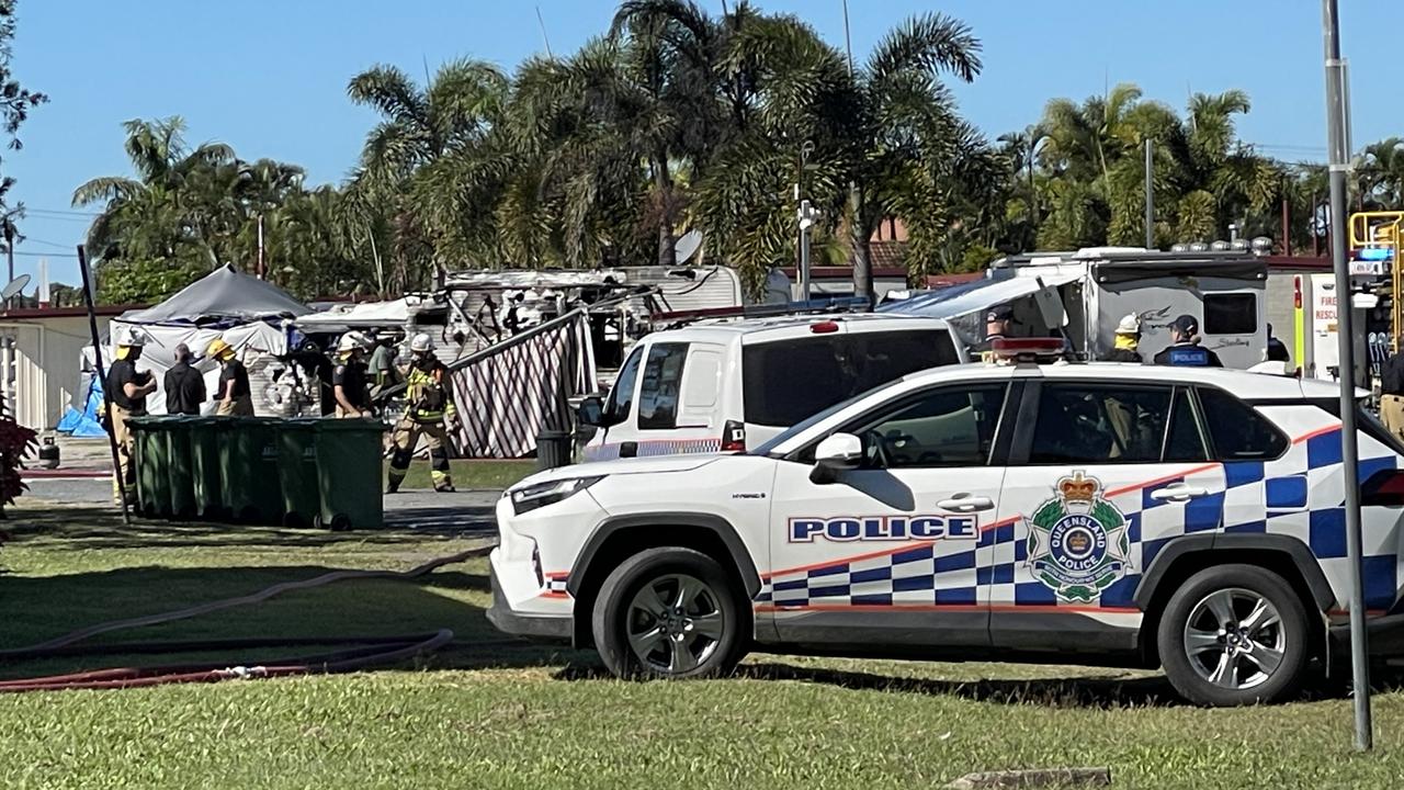 Emergency crews are on scene at Premier Caravan Park after a van caught fire, with flames spreading to and destroying a second caravan and damaging a third on June 8, 2024. Residents were evacuated. Picture: Janessa Ekert