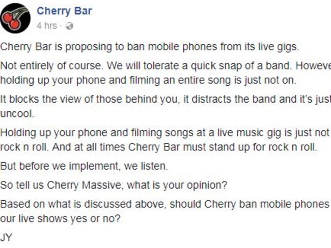 Cherry Bar is asking punters for feedback on a phone ban. Picture: Facebook