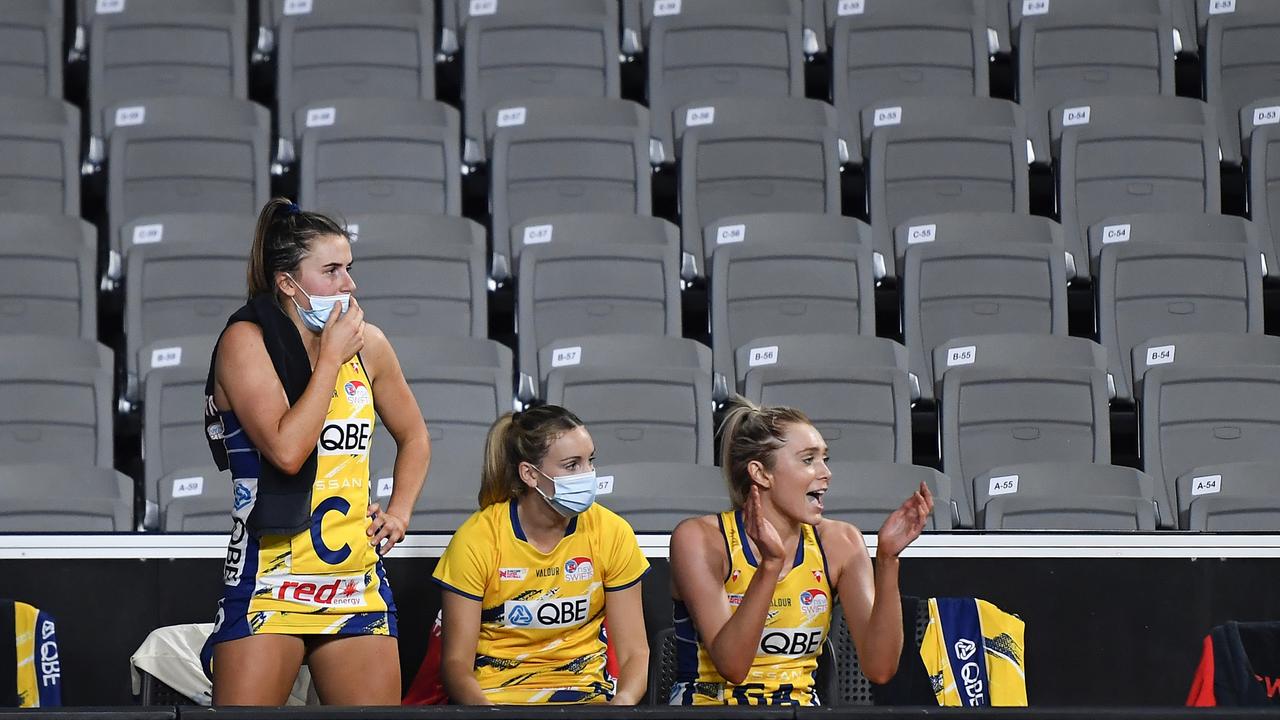 Stands have been empty and players in masks for the final rounds of the Super Netball season in Brisbane. Picture: Albert Perez/Getty Images