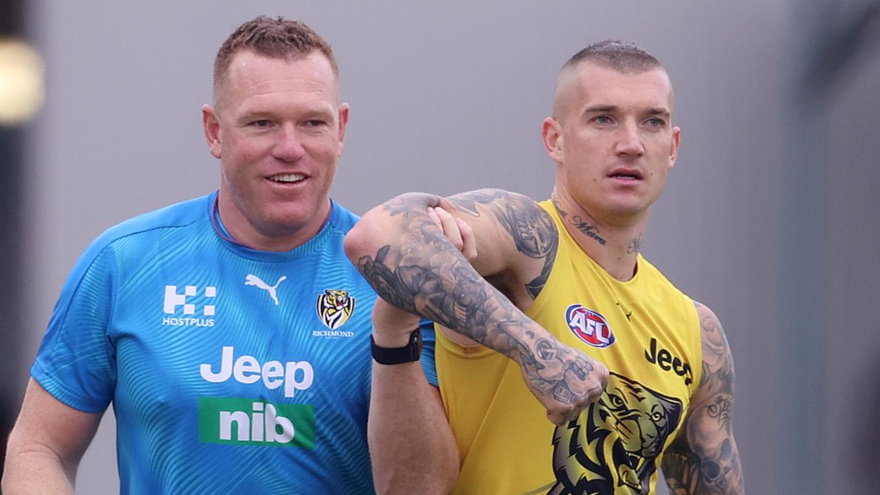 Richmond training at Metricon Stadium on the Gold Coast . 22/07/2020. Dustin Martin with assistant coach Justin Leppitsch at training today . Pic: Michael Klein