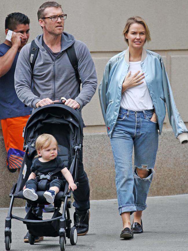 Sam and Lara Worthington with their son, Rocket stroll through Manhattan. Picture: BM1/GC Images