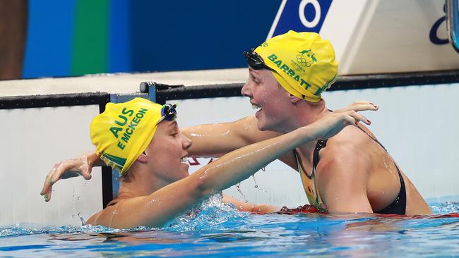 Australia's Emma McKeon wins the bronze medal in the Women's 200m freestyle final on day 4 of the swimming at the Rio 2016 Olympic Games. Bronte Barratt with her. Picture. Phil Hillyard