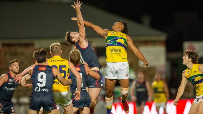 The big men fly at Norwood Oval on Friday night. Picture: Ben Clark