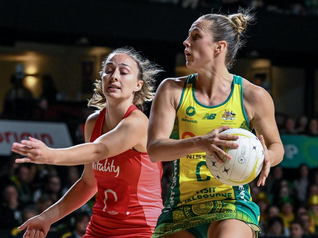 Paige Hadley in possession for the Diamonds during a game against England. Picture: Getty Images