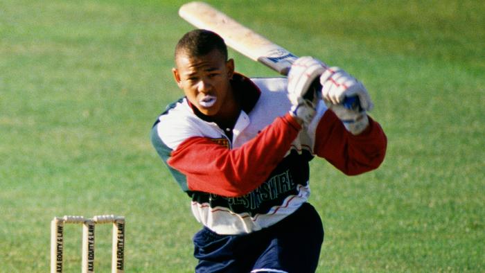 Australian cricketer Andrew Symonds batting for Gloucestershire against Somerset in a Sunday League, first round match at Taunton County Ground, Somerset, 7th May 1995. Gloucestershire won the match by 6 wickets. (Photo by Ben Radford/Getty Images)