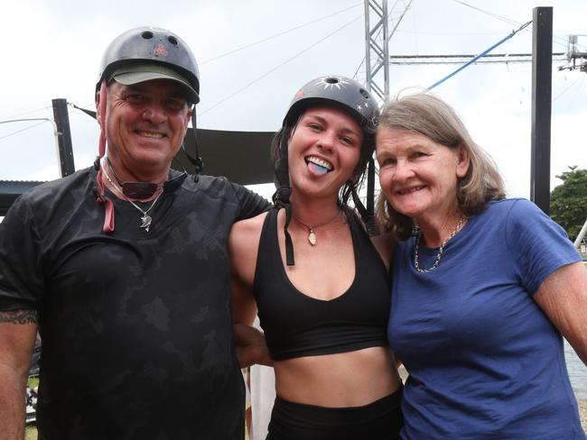 Miles Hammond, Jacquie Hammond and Sharon Wiley attend the Winter Wonderland wakeboarding competition at Cairns Wake Park. Photo: Catherine Duffy.
