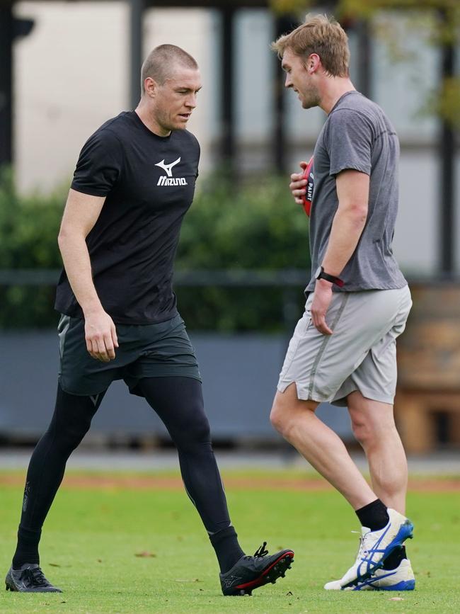 Melbourne Demons brothers Oscar (right) and Tom McDonald train in Melbourne. Picture: AAP