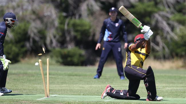 GDCA: Sunbury United batsman Rajitha Mendis is clean bowled. Picture: Stuart Milligan