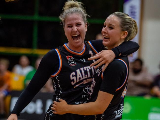 Ruby Porter and new recruit Sophie Johnston celebrate after beating the Spartans in Round 1 of NBL1 North. Picture: Thommo's Photography.