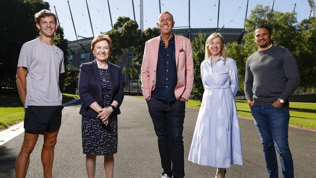 The 2026 Commonwealth Games Victorian bid team. From left, Brett Robinson, Jeanette Powelll, Mitch Catlin, Margaret Zita and John Steffensen Picture: Alex Coppel.